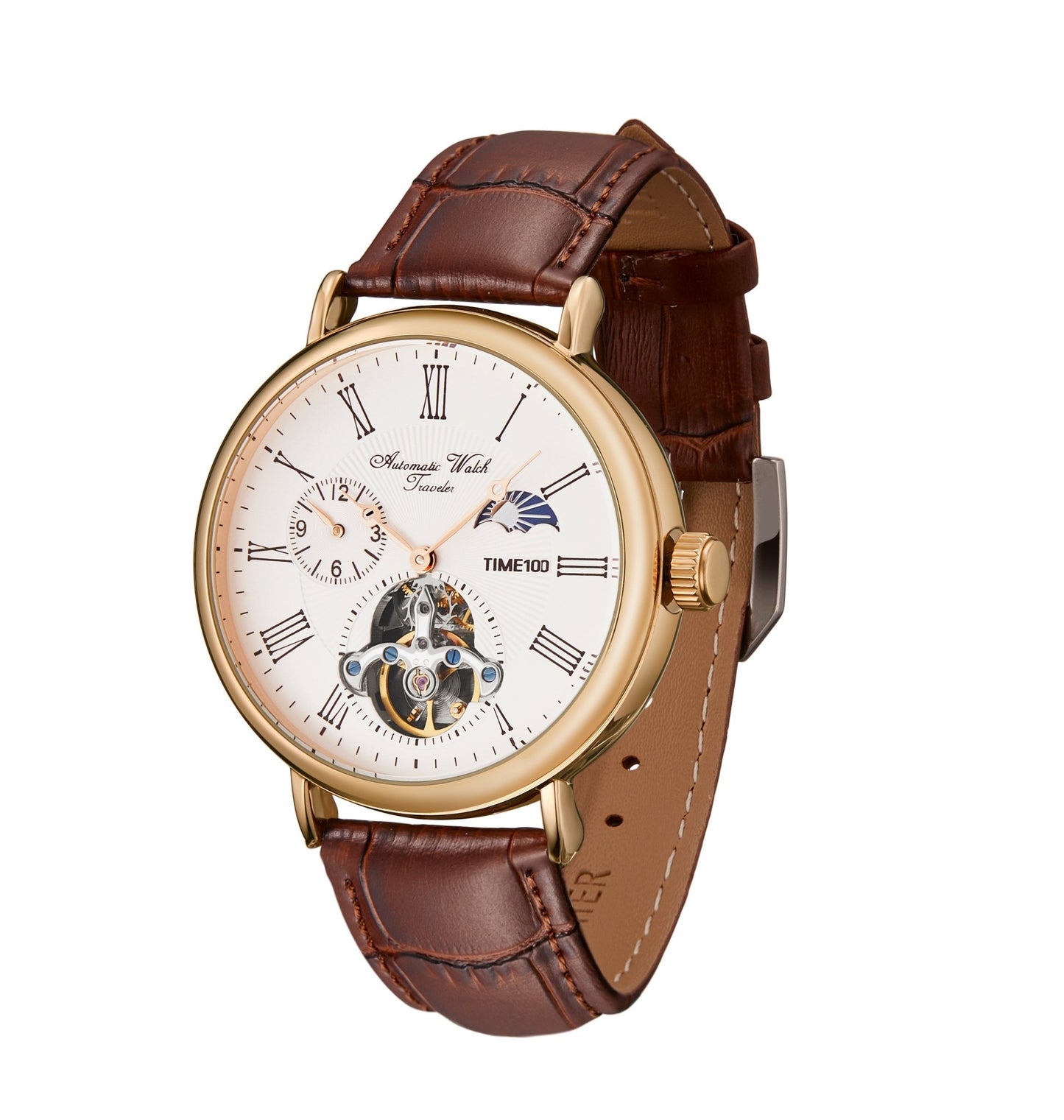 TIME100 W60164G Men's Automatic Watch with Skeleton Tourbillon Design and Ripple-Pattern Leather Strap Brown - Time100