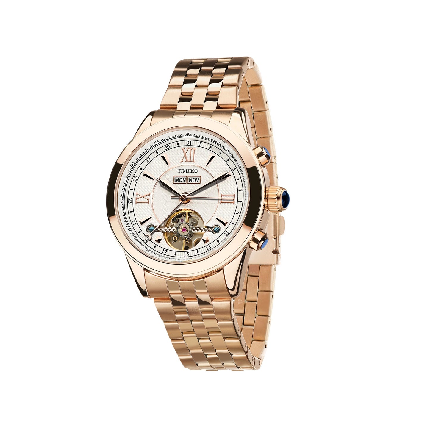 TIME100 W60069G Men's Automatic Watch with Skeleton Dial and Full Calendar in Stainless Steel Gold White - Time100
