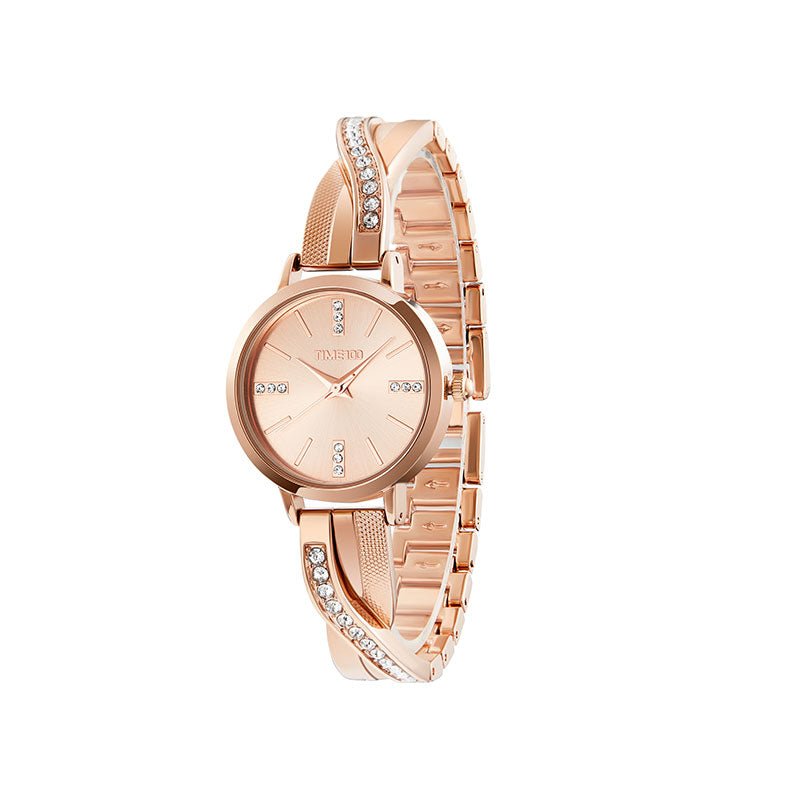 TIME100 Women's Bangle Watch and Silver Watch Chain Bracelets Premium Crystal Accented Bracelet Set Rose Gold - Time100