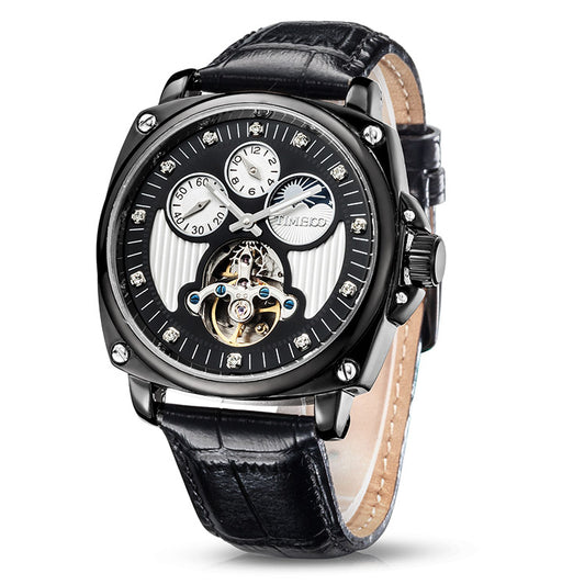 TIME100 Automatic Mechanical Watch for Men Leather Moon Phrase Tourbillon Style Leather Stra
