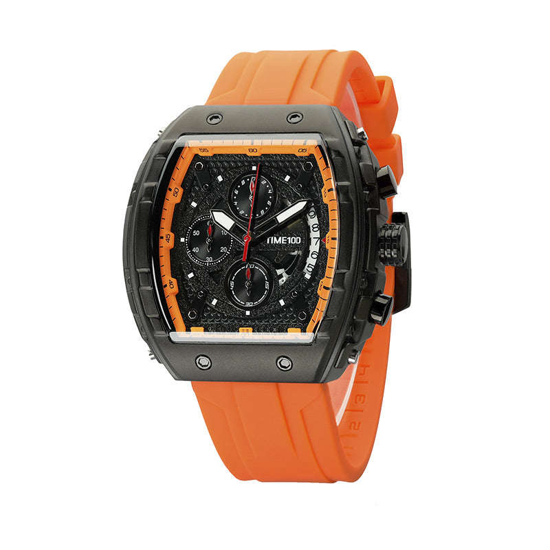 TIME100 Watch for Men Chronograph Calendar Square Face Luminous Punk Style Multifunctional Sub-dials Men's Skeleton Tonneau Watch Silicone Strap W70181G