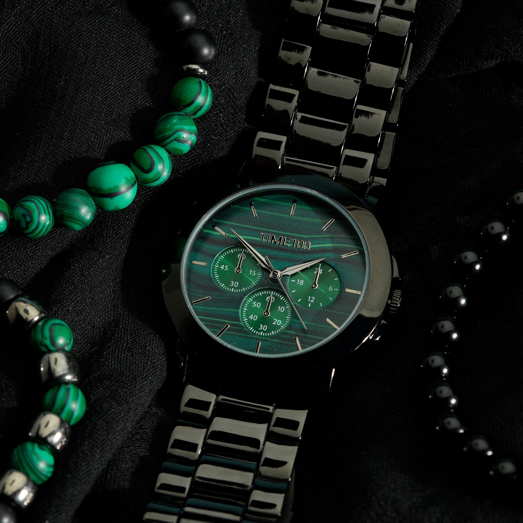 Side profile highlighting the substantial 44x51mm case and robust construction of the TIME100 watch Green - Time100