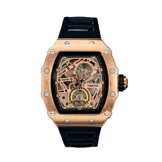 TIME100 Automatic Mechanical Watches for Men Skeleton Square Big Face Wristwatch Adjustable Silicone Strap W60168G