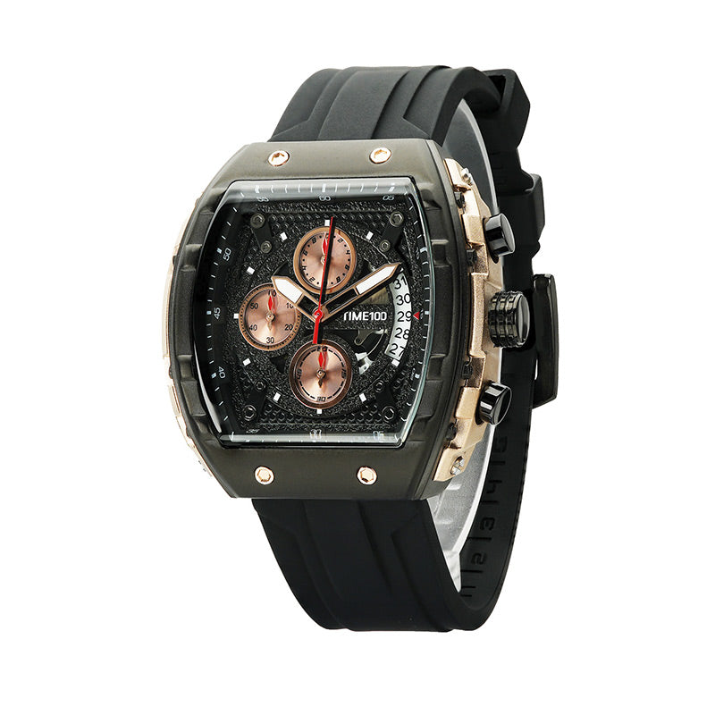 TIME100 Watch for Men Chronograph Calendar Square Face Luminous Punk Style Multifunctional Sub-dials Men's Skeleton Tonneau Watch Silicone Strap W70181G