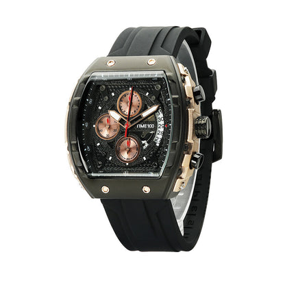 TIME100 Watch for Men Chronograph Calendar Square Face Luminous Punk Style Multifunctional Sub-dials Men's Skeleton Tonneau Watch Silicone Strap W70181G