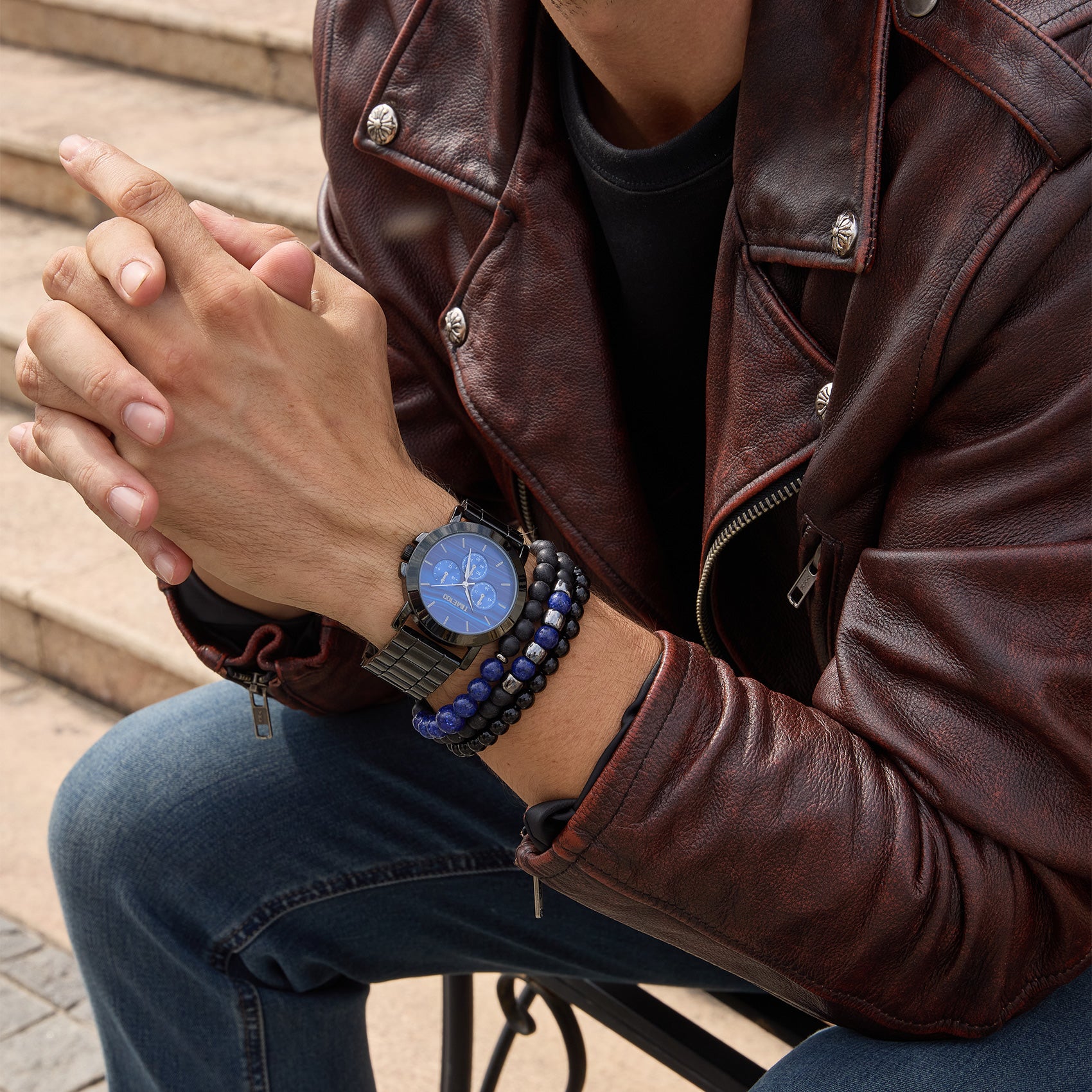 Young man wearing the bold TIME100 44mm watch, a perfect gift for teenage boys and young adults Blue - Time100