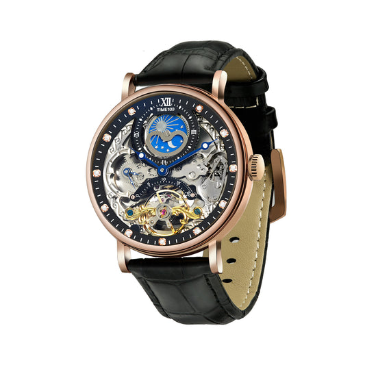 TIME100 Men's Automatic Watch Self Winding Mechanical Watch Genuine Leather Strap Skeleton Watches for Men