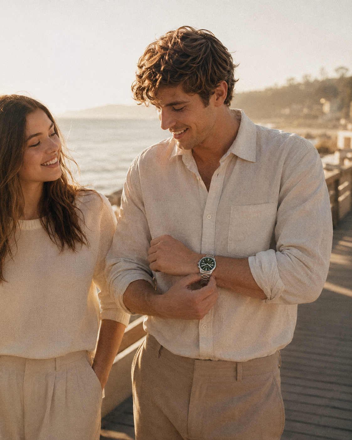 A man and a woman standing on a wooden boardwalk by the ocean at sunset, with the man looking down at a wristwatch he is adjusting. The man wears a light beige linen button-down shirt and tan trousers, and the woman wears a matching light beige top and pants.