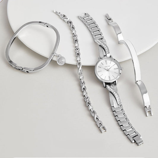 TIME100 Women's Bangle Watch and Silver Watch Chain Bracelets Premium Crystal Accented Bracelet Set W50888L