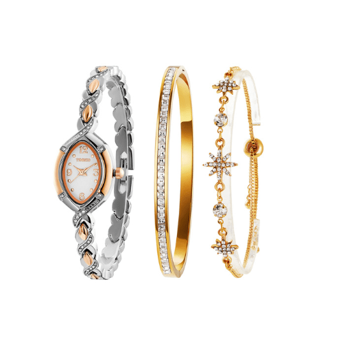 TIME100 Chelsea Oval Watch Set featuring a rose gold-tone timepiece and two matching bracelets Silver - Time100