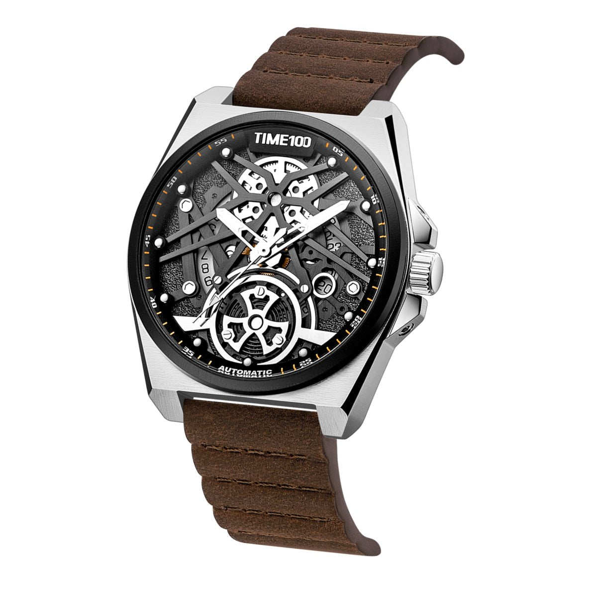 TIME100 W70179G Men's Automatic Skeleton Watch with Coffee Crazy Horse Leather Strap Brown Black - Time100