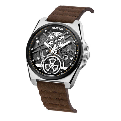 TIME100 W70179G Men's Automatic Skeleton Watch with Coffee Crazy Horse Leather Strap Brown Black - Time100