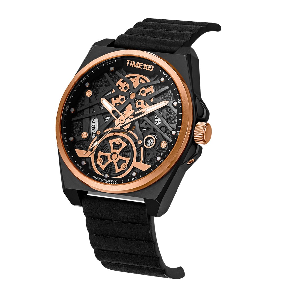 TIME100 W70179G Men's Automatic Skeleton Watch with Coffee Crazy Horse Leather Strap Black Gold - Time100