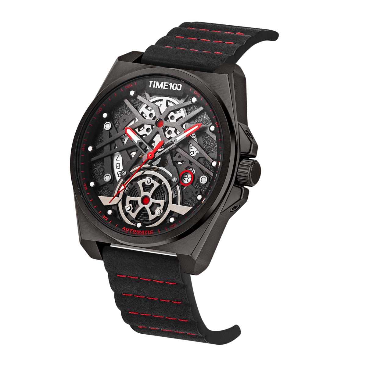 TIME100 W70179G Men's Automatic Skeleton Watch with Coffee Crazy Horse Leather Strap  Black Black - Time100