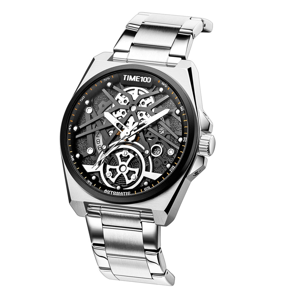 TIME100 W70179G Men's Automatic Skeleton Watch with Coffee Crazy Horse Leather Strap Silver Black- Time100