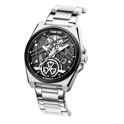 TIME100 W70179G Men's Automatic Skeleton Watch with Coffee Crazy Horse Leather Strap Silver Black- Time100