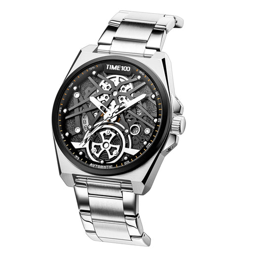 TIME100 W70179G Men's Automatic Skeleton Watch with Coffee Crazy Horse Leather Strap Silver Black- Time100
