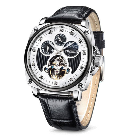 TIME100 Automatic Mechanical Watch for Men Leather Moon Phrase Tourbillon Style Leather Stra - Time100