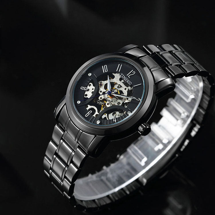 Close-up of the intricate mechanical engraving and skeleton dial on the TIME100 futuristic watch Black - Time100
