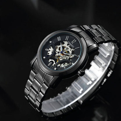 Close-up of the intricate mechanical engraving and skeleton dial on the TIME100 futuristic watch Black - Time100