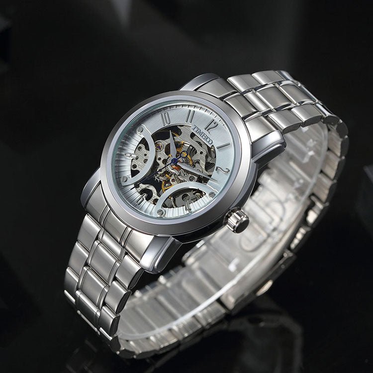 Close-up of the intricate mechanical engraving and skeleton dial on the TIME100 futuristic watch Silver - Time100
