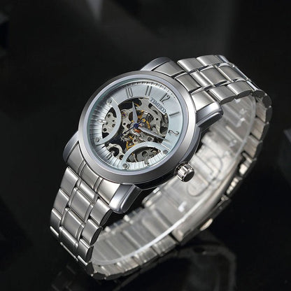 Close-up of the intricate mechanical engraving and skeleton dial on the TIME100 futuristic watch Silver - Time100
