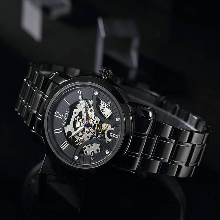 Side profile of the rose gold alloy-plated 41mm case on the TIME100 automatic timepiece Black - Time100