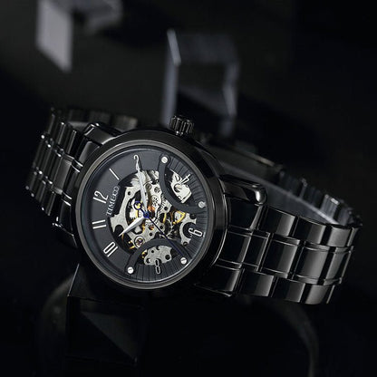 Side profile of the rose gold alloy-plated 41mm case on the TIME100 automatic timepiece Black - Time100