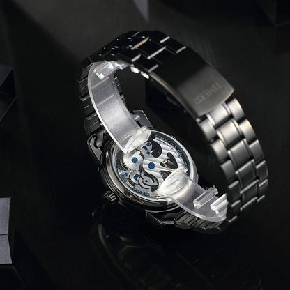 Sophisticated male wearing the TIME100 bold mechanical statement watch at a formal event Black - Time100