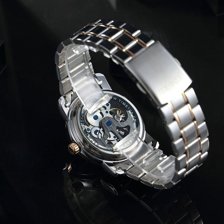 Sophisticated male wearing the TIME100 bold mechanical statement watch at a formal event Black - Time100