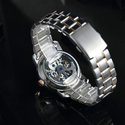 Sophisticated male wearing the TIME100 bold mechanical statement watch at a formal event Black - Time100