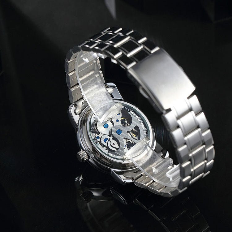 Sophisticated male wearing the TIME100 bold mechanical statement watch at a formal event Silver - Time100