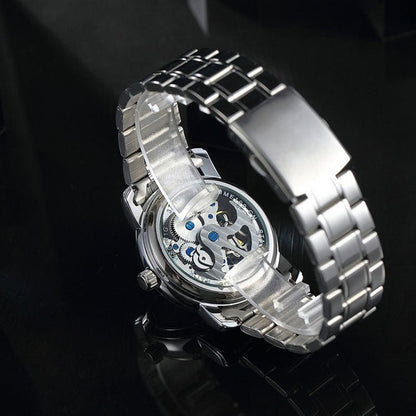 Sophisticated male wearing the TIME100 bold mechanical statement watch at a formal event Silver - Time100