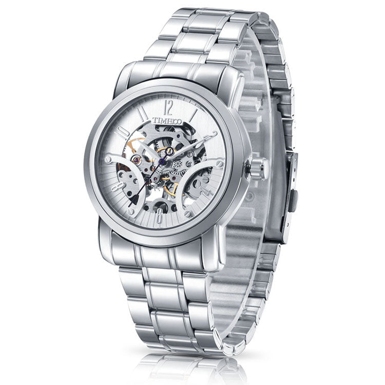 TIME100 Automatic Mechanical Watch for Men Skeleton Dial Stainless Steel Band - Time100