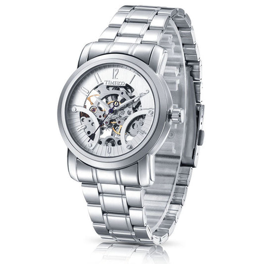 TIME100 Automatic Mechanical Watch for Men Skeleton Dial Stainless Steel Band - Time100