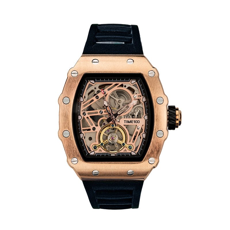 TIME100 Automatic Mechanical Watches for Men Skeleton Square Big Face Wristwatch Adjustable Silicone Strap Brown - Time100