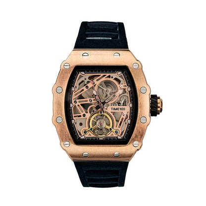 TIME100 Automatic Mechanical Watches for Men Skeleton Square Big Face Wristwatch Adjustable Silicone Strap Brown - Time100