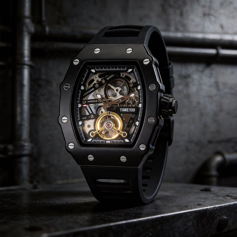 Close-up of the intricate open-heart skeleton dial and luminous hands on the TIME100 timepiece Black - Time100