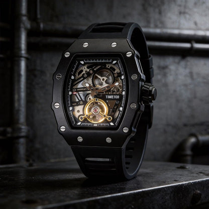 Close-up of the intricate open-heart skeleton dial and luminous hands on the TIME100 timepiece Black - Time100