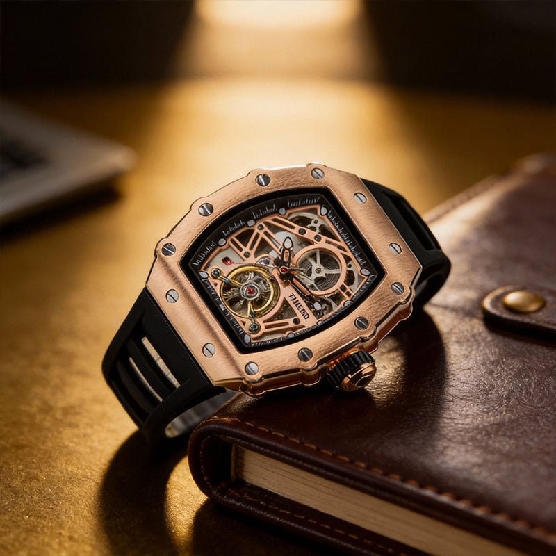 Close-up of the intricate open-heart skeleton dial and luminous hands on the TIME100 timepiece Brown - Time100