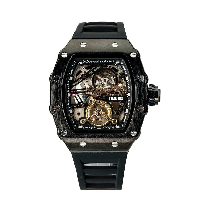 TIME100 Automatic Mechanical Watches for Men Skeleton Square Big Face Wristwatch Adjustable Silicone Strap Black - Time100