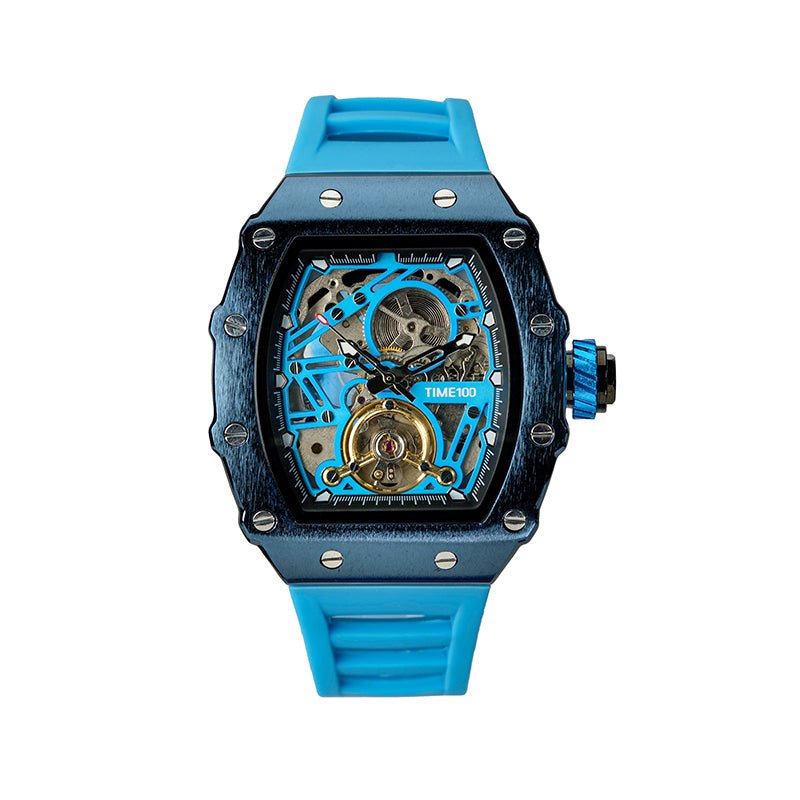 TIME100 Automatic Mechanical Watches for Men Skeleton Square Big Face Wristwatch Adjustable Silicone Strap Blue - Time100