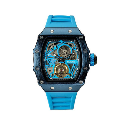 TIME100 Automatic Mechanical Watches for Men Skeleton Square Big Face Wristwatch Adjustable Silicone Strap Blue - Time100