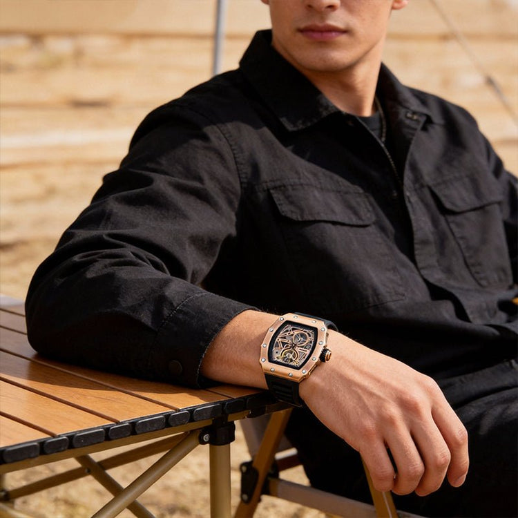 TIME100 Automatic Mechanical Watches for Men Skeleton Square Big Face Wristwatch Adjustable Silicone Strap W60168G - Time100