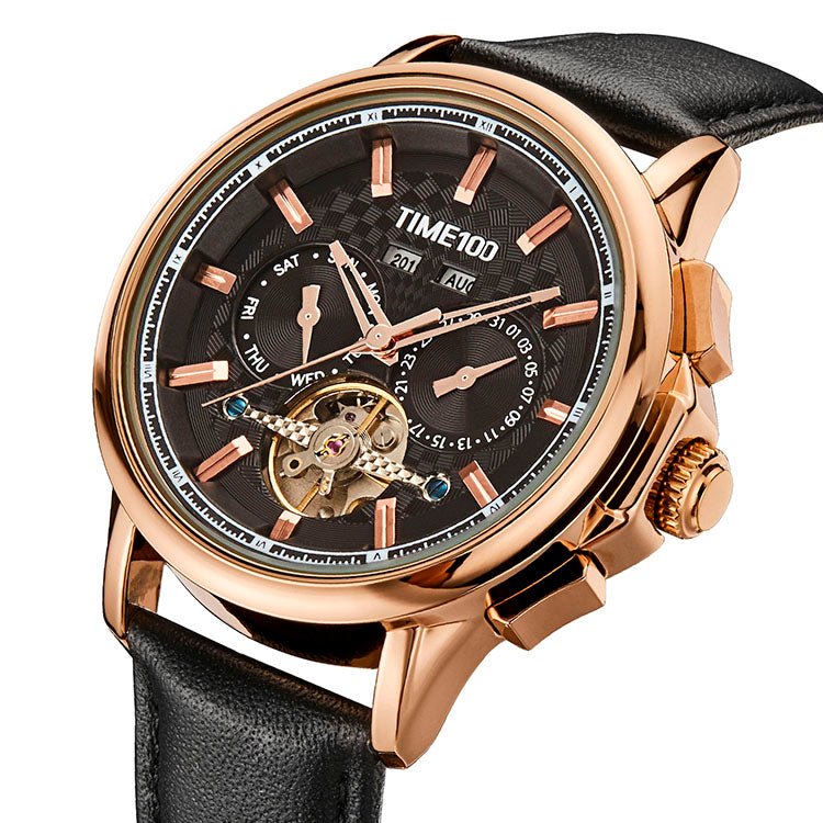 TIME100 Mechanical Watch Multifunctional Automatic Mechanical Movement Waterproof Display of Date Year Flywheel Men's Watch - Time100