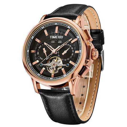 TIME100 Mechanical Watch Multifunctional Automatic Mechanical Movement Waterproof Display of Date Year Flywheel Men's Watch - Time100