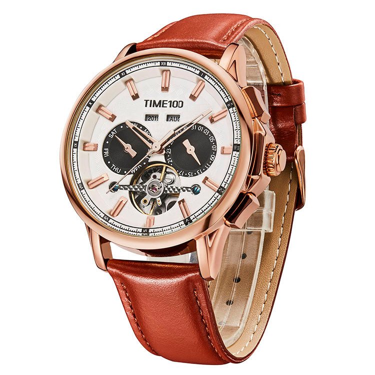 TIME100 Mechanical Watch Multifunctional Automatic Mechanical Movement Waterproof Display of Date Year Flywheel Men's Watch - Time100