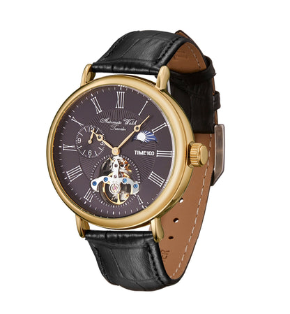 TIME100 Men's Automatic Watch Navigator - Series Tourbillon - Style Dual Time Zone Business Calendar Mechanical Watch Leather Strap - Time100