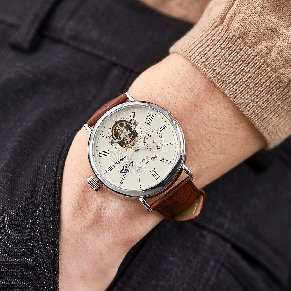 TIME100 Men's Automatic Watch Navigator - Series Tourbillon - Style Dual Time Zone Business Calendar Mechanical Watch Leather Strap - Time100