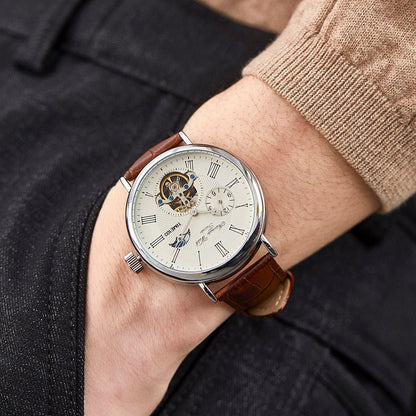 TIME100 Men's Automatic Watch Navigator - Series Tourbillon - Style Dual Time Zone Business Calendar Mechanical Watch Leather Strap - Time100